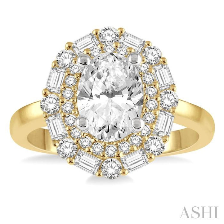 3/4 Ctw Oval Shape Baguette and Round Cut Diamond Semi-Mount Engagement Ring in 14K Yellow and White Gold
