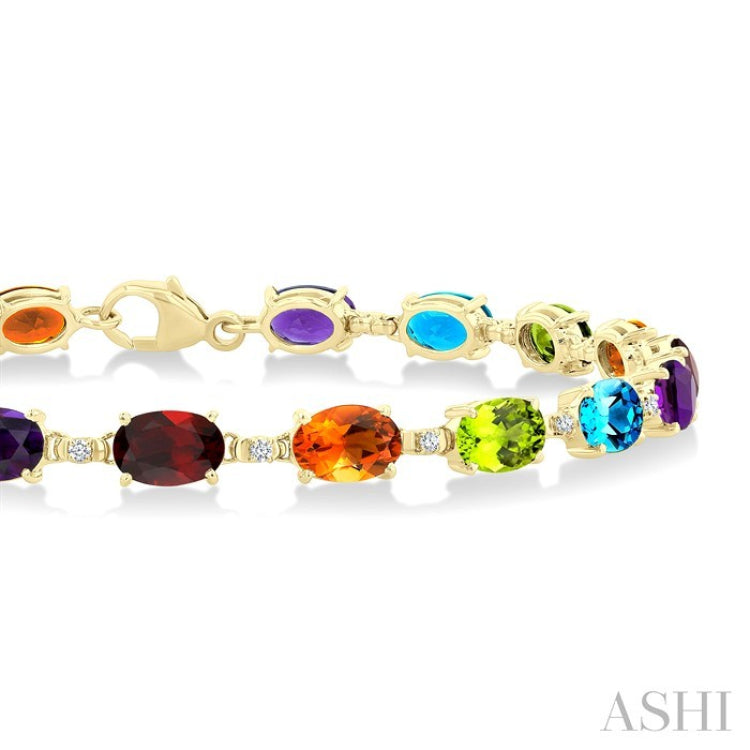 6X4 MM Oval Cut Multiple Gemstone and 1/6 Ctw Round Cut Diamond Semi-Precious Tennis Bracelet in 10K Yellow Gold