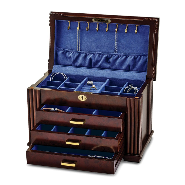 Luxury Giftware by Jere Matte Rosewood Burl Veneer 3-drawer Locking Wooden Jewelry Box