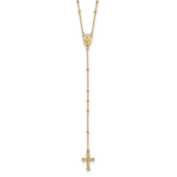 14k Polished Crucifix and Miraculous Medal 2mm Beaded 19.5 inch Rosary Necklace