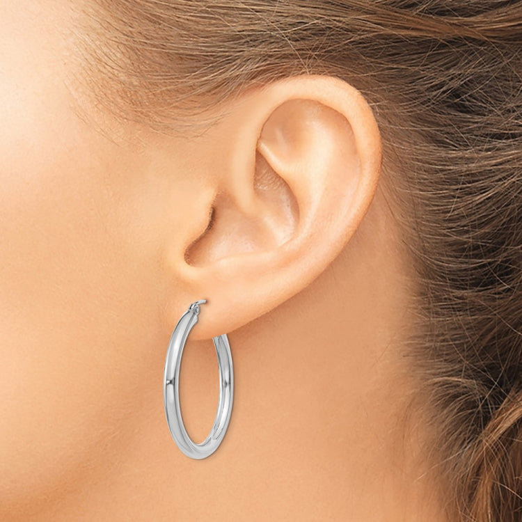 14K White Gold 3x30mm Polished Tube Hoop Earrings