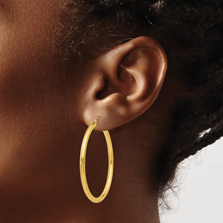 14K 2.5x40mm Polished Round Tube Hoop Earrings