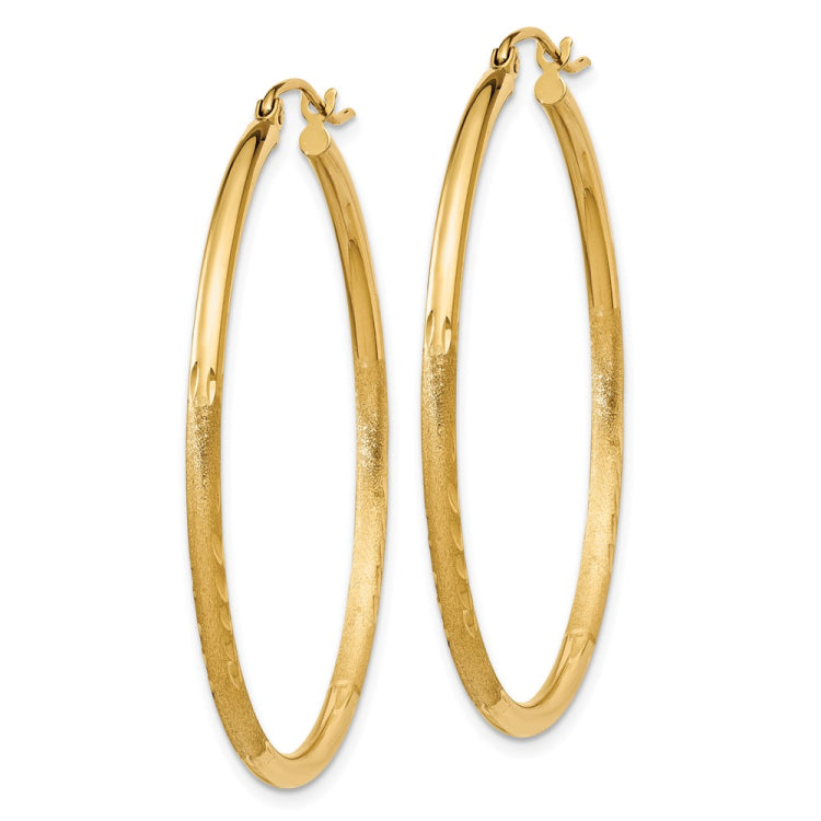 14k 2x40mm Satin Diamond-cut Round Tube Hoop Earrings