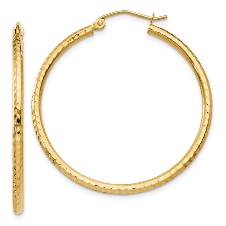 14k 2x35mm Diamond-cut Round Tube Hoop Earrings