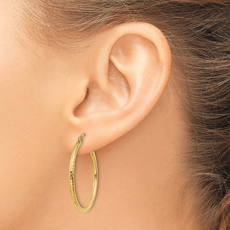 14k 2x30mm Diamond-cut Round Tube Hoop Earrings