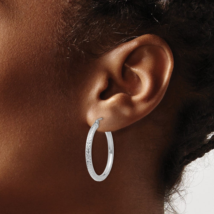 14k White Gold 3x30mm Diamond-cut Round Tube Hoop Earrings