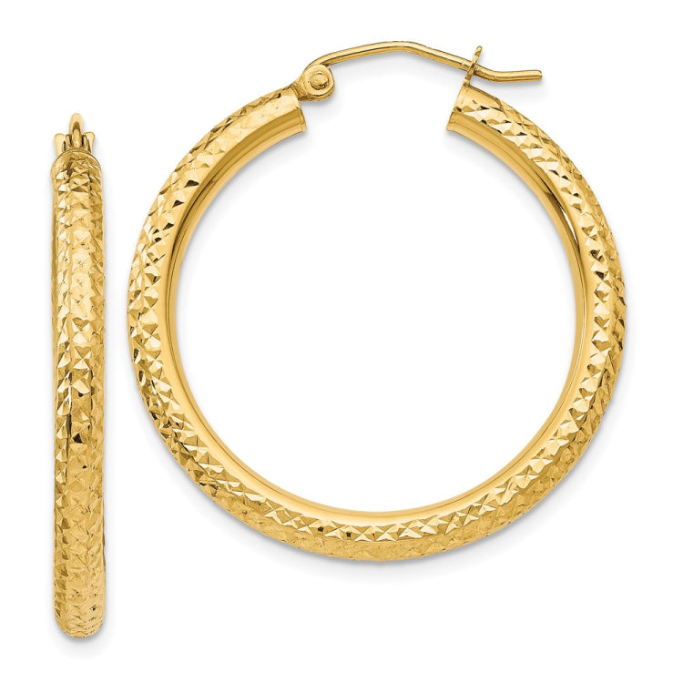 14k 3x30mm Diamond-cut Round Tube Hoop Earrings