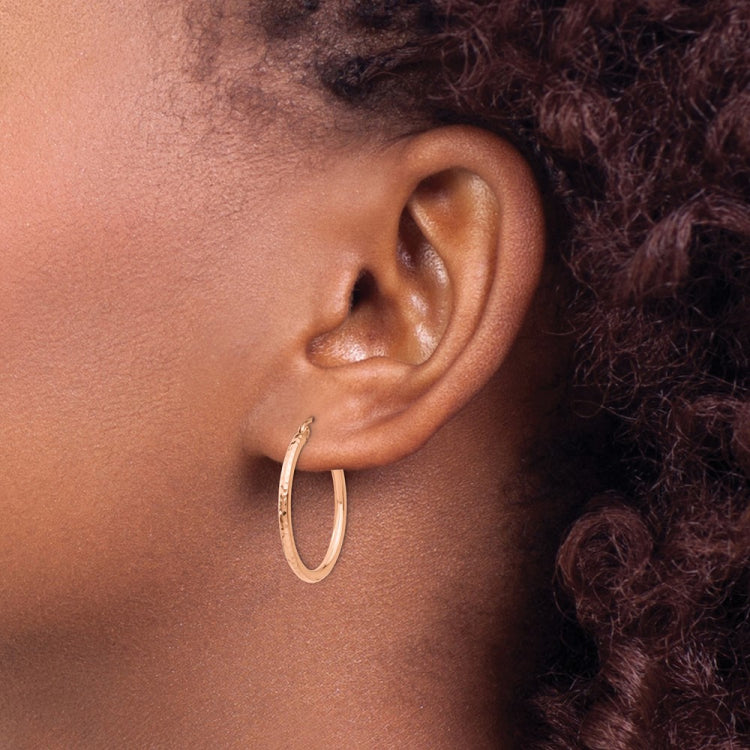 14k Rose Gold 2x25mm Diamond-cut Polished Tube Hoop Earrings