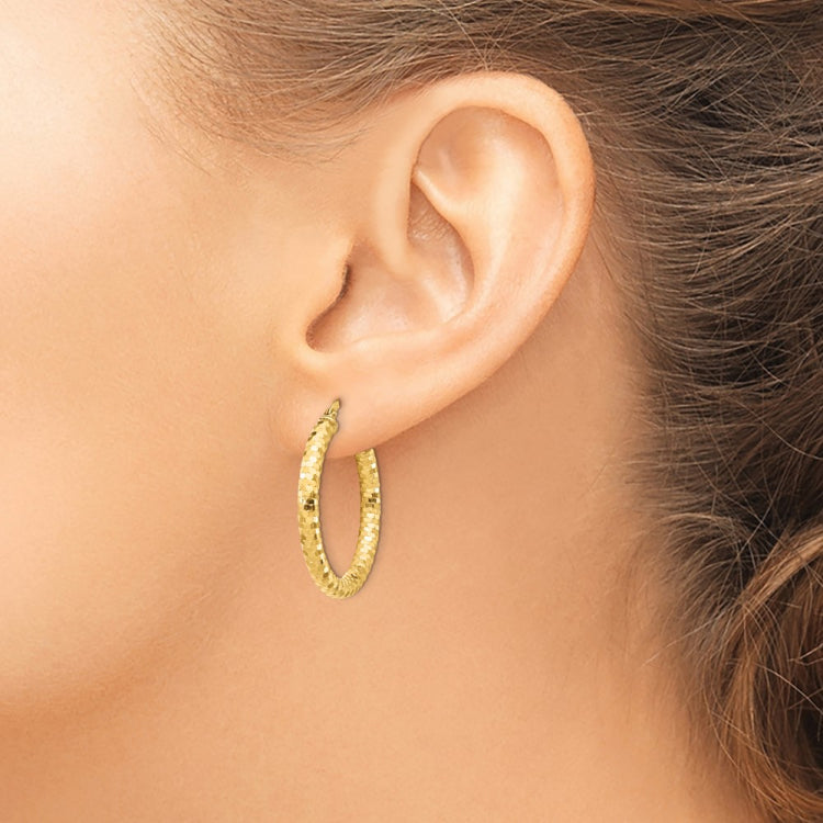 14K 3x27mm Diamond-cut Tube Hoop Earrings