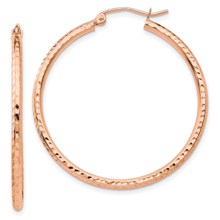 14k Rose Gold 2x35mm Polished Lightweight Diamond-cut Tube Hoop Earrings