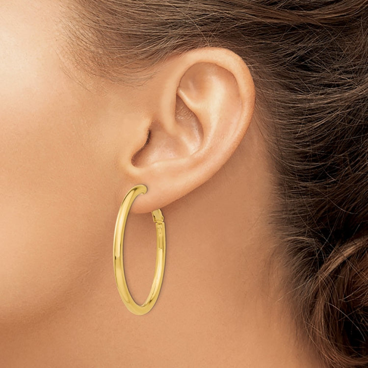 14k 3x41mm Polished Round Omega Back Tube Hoop Earrings
