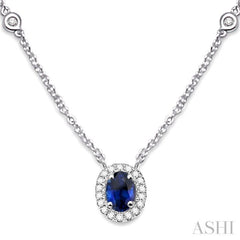 6x4 MM Oval Cut Sapphire and 1/6 Ctw Round Cut Diamond Necklace in 14K White Gold