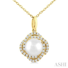 6 MM Cultured Pearl and 1/6 Ctw Single Cut Diamond Petite Fashion Pendant With Chain in 10K Yellow Gold