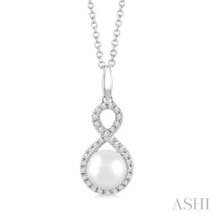 6 MM Cultured Pearl and 1/8 Ctw Single Cut Diamond Petite Fashion Pendant With Chain in 10K White Gold