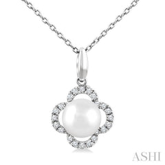6 MM Cultured Pearl and 1/10 Ctw Single Cut Diamond Clover Petite Fashion Pendant With Chain in 10K White Gold