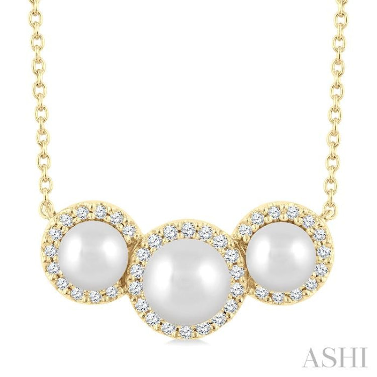 5MM & 4MM Cultured Pearl and 1/6 Ctw Round Cut Diamond Halo Pendant With Chain in 14K Yellow Gold