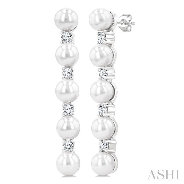 4MM Cultured Pearl and 1/4 Ctw Round Cut Diamond Fashion Earrings in 14K White Gold