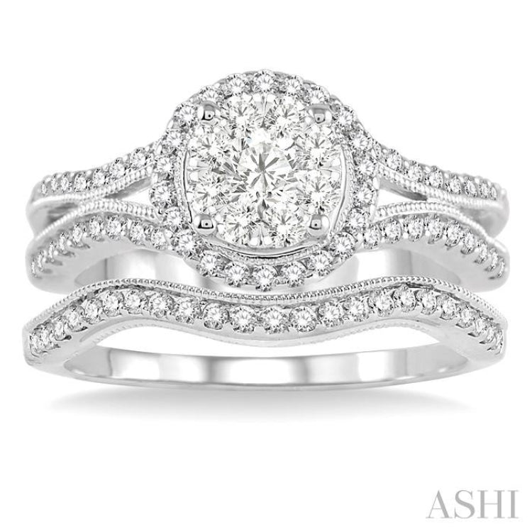 7/8 ctw Diamond Wedding Set with 3/4 ctw Lovebright Round Cut Engagement Ring and 1/6 ctw Wedding Band in 14K White Gold