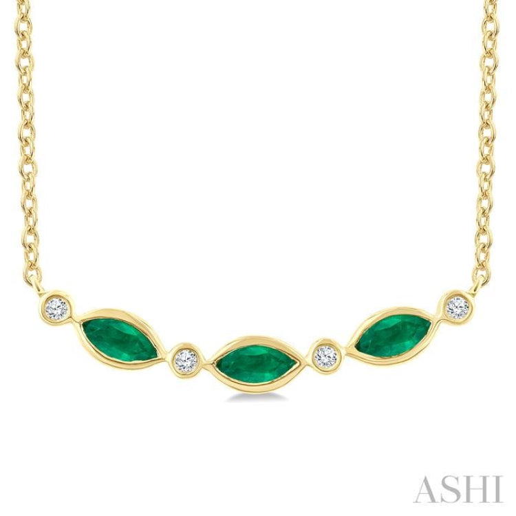 4X2 MM Marquise Shape Emerald and 1/50 Ctw Round Cut Diamond Precious Bar Necklace in 10K Yellow Gold