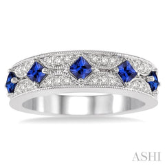 2.5 MM Princess Cut Sapphire and 1/6 ctw Round Cut Diamond Precious Band in 14K White Gold