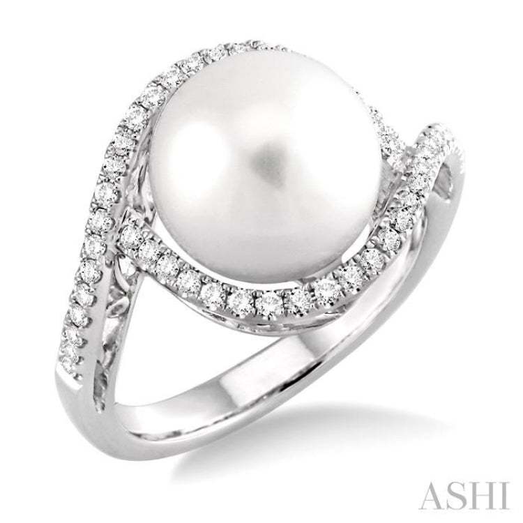 11 MM Cultured Pearl and 1/3 ctw Round Cut Diamond Ring in 14K White Gold