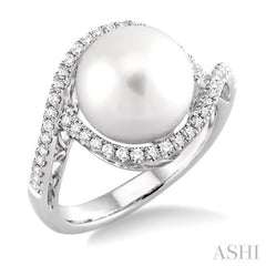 11 MM Cultured Pearl and 1/3 ctw Round Cut Diamond Ring in 14K White Gold