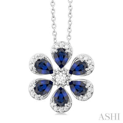 4X3 MM Floral Blossom Pear Cut Sapphire and 1/6 Ctw Round Cut Diamond Precious Pendant With Chain in 14K White Gold