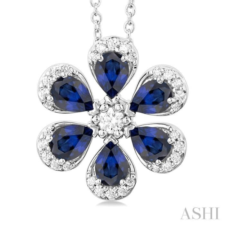 4X3 MM Floral Blossom Pear Cut Sapphire and 1/6 Ctw Round Cut Diamond Precious Pendant With Chain in 14K White Gold