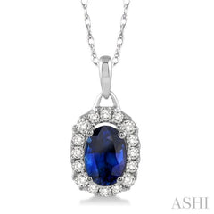 6x4 MM Oval Cut Sapphire and 1/6 Ctw Round Cut Diamond Precious Pendant in 14K White Gold with Chain