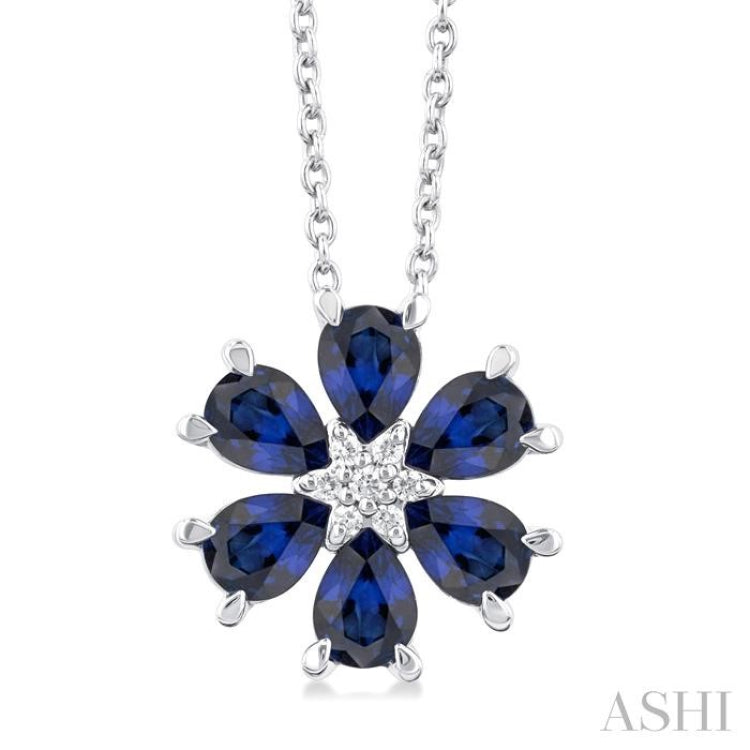 4X3 MM Floral Pear Cut Sapphire and 1/50 Ctw Round Cut Diamond Precious Pendant With Chain in 14K White Gold