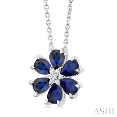 4X3 MM Floral Pear Cut Sapphire and 1/50 Ctw Round Cut Diamond Precious Pendant With Chain in 14K White Gold