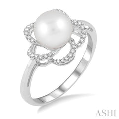 7 MM Cultured Pearl and 1/10 ctw Single Cut Diamond Ring in 14K White Gold