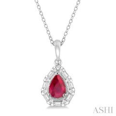 6x4 MM Pear Shape Ruby and 1/5 Ctw Baguette and Round Cut Diamond Precious Pendant With Chain in 14K White Gold