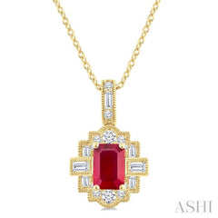 6X4 MM Octagon Shape Ruby and 1/4 Ctw Round and Baguette Cut Diamond Precious Pendant With Chain in 14K Yellow Gold