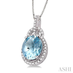 11x9 MM Oval Cut Aquamarine and 1/3 Ctw Round Cut Diamond Pendant in 14K White Gold with Chain