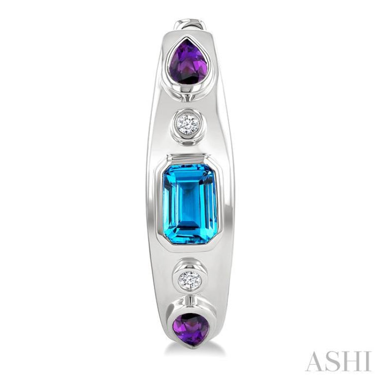 6X4 MM Octagon Shape Blue Topaz & 5X3 MM Pear Shape Amethyst and 1/10 Ctw Round Cut Diamond Semi-Precious Earrings in Sterling Silver