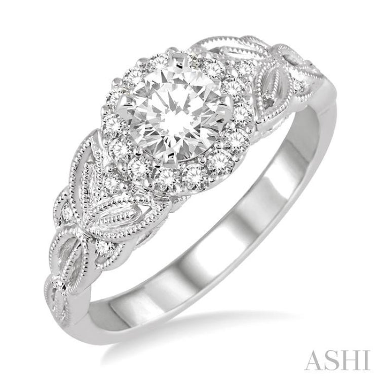 5/8 Ctw Diamond Engagement Ring with 3/8 Ct Round Cut Center Stone in 14K White Gold