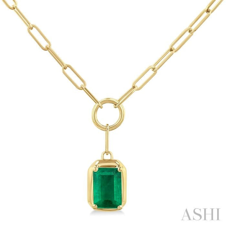 6x4 MM Emerald Solitaire Precious Paperclip Pendant With Chain in 14K Yellow Gold
