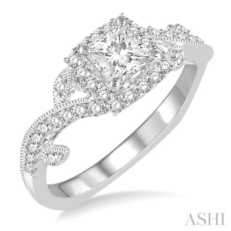 3/4 ctw Diamond Engagement Ring with 3/8 ct Princess Cut Center Stone in 14K White Gold