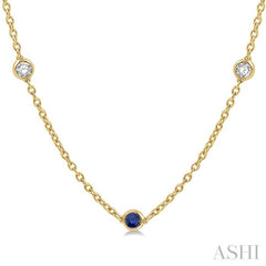 2.85 MM Sapphire and 1/2 Ctw Round Cut Diamond Precious Station Necklace in 14K Yellow Gold
