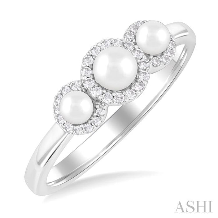 1/8 ctw Past, Present & Future 4MM & 3MM Cultured Pearl and Round Cut Diamond Halo Ring in 14K White Gold