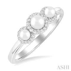 1/8 ctw Past, Present & Future 4MM & 3MM Cultured Pearl and Round Cut Diamond Halo Ring in 14K White Gold