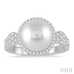 10 MM Cultured Pearl and 3/8 ctw Round Cut Diamond Ring in 14K White Gold