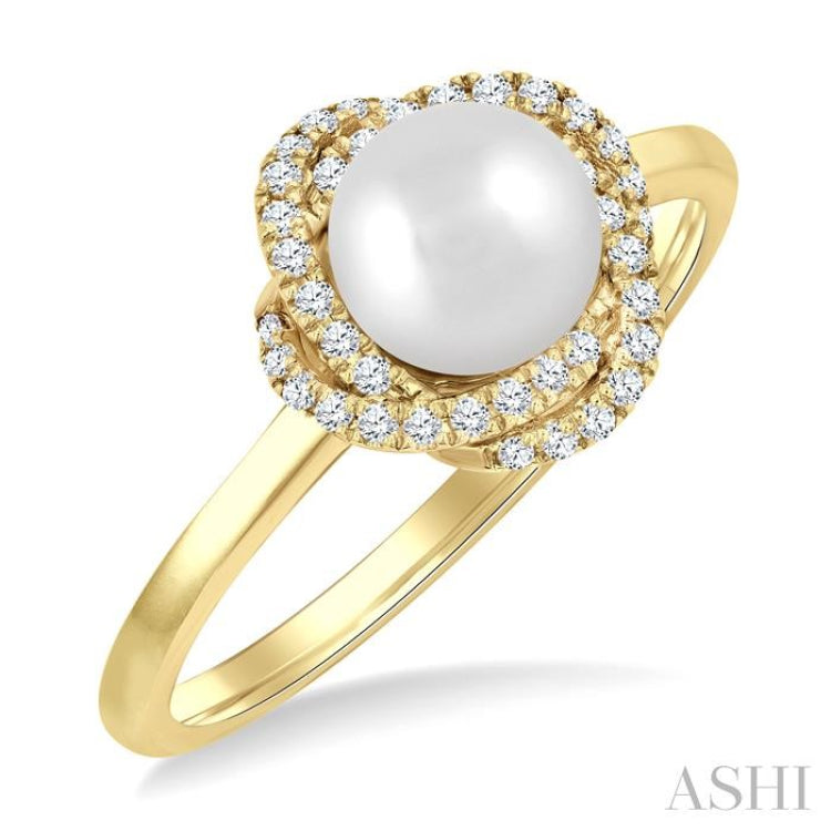 6 MM Cultured Pearl and 1/6 Ctw Single Cut Diamond Petite Fashion Ring in 10K Yellow Gold