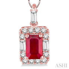 6x4 MM Octagon Cut Ruby and 1/3 Ctw Round Cut Diamond Precious Pendant in 14K Rose Gold with Chain
