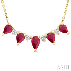 5x3 MM & 4x3 MM Pear Cut Ruby and 1/8 Ctw Round Cut Diamond Precious Necklace in 14K Yellow Gold