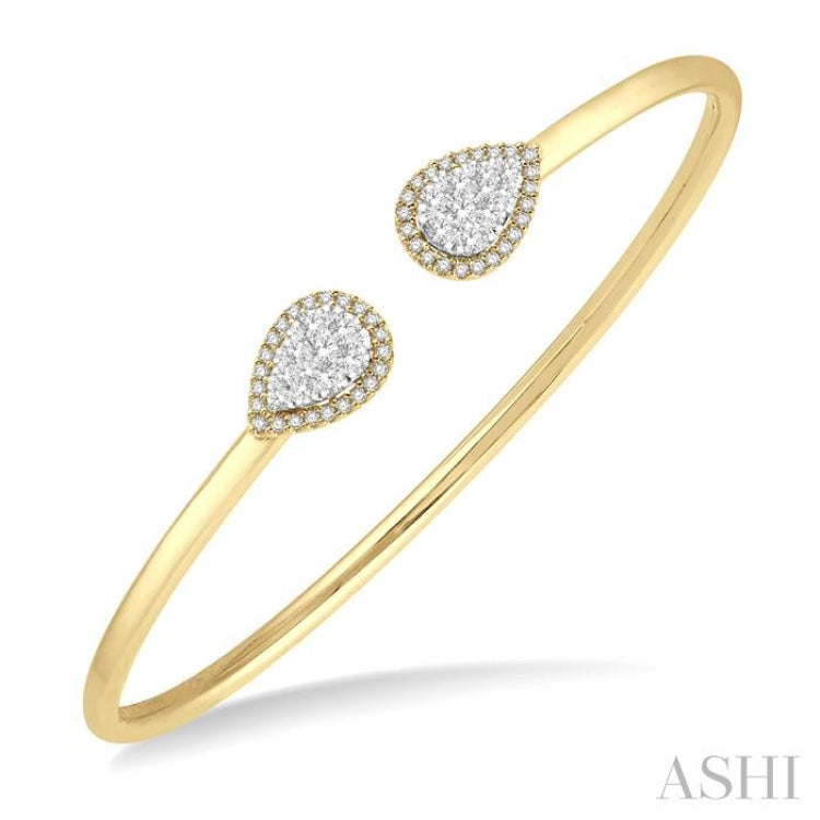 5/8 Ctw Pear Shape Lovebright Open Cuff Diamond Bangle in 14K Yellow and White Gold
