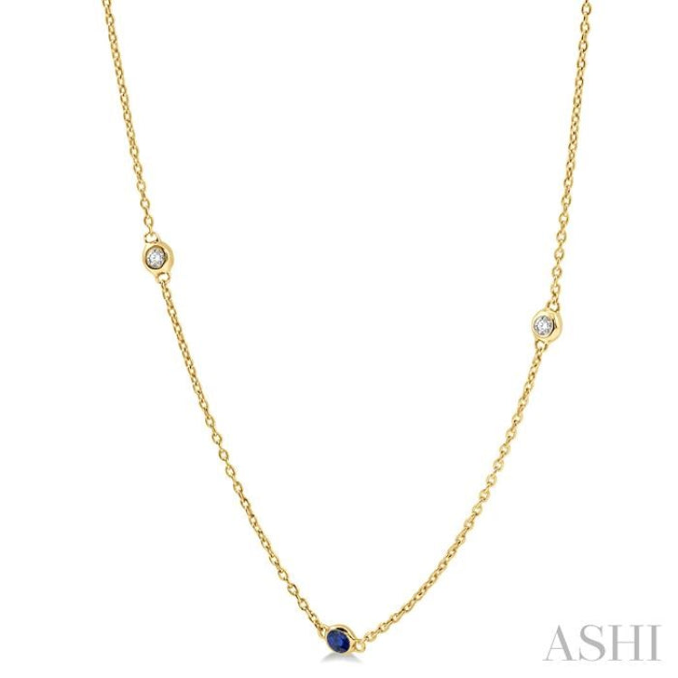 2.25 MM Sapphire and 1/4 Ctw Round Cut Diamond Precious Station Necklace in 14K Yellow Gold