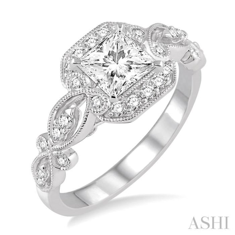 3/4 ctw Diamond Engagement Ring with 1/2 ct Princess Cut Center Stone in 14K White Gold