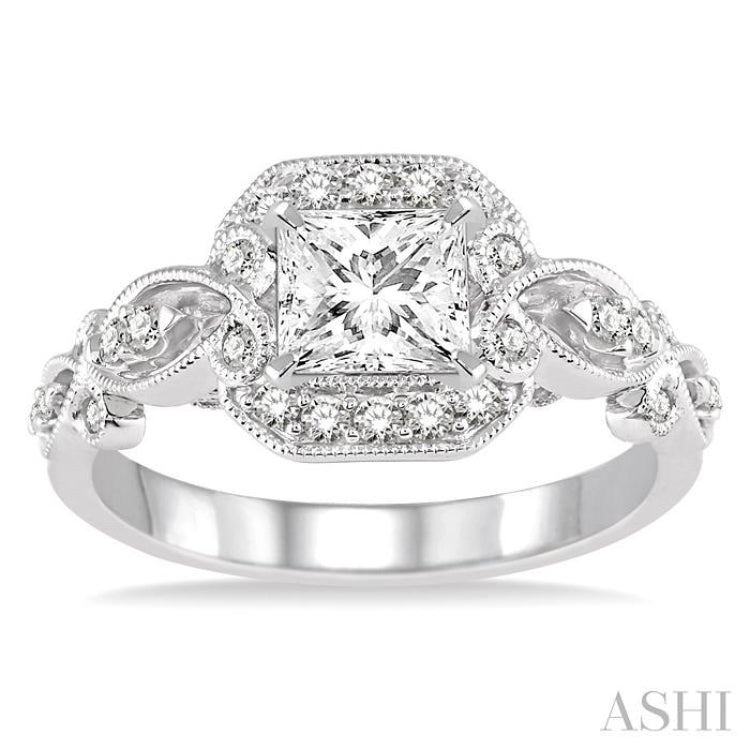 3/4 ctw Diamond Engagement Ring with 1/2 ct Princess Cut Center Stone in 14K White Gold